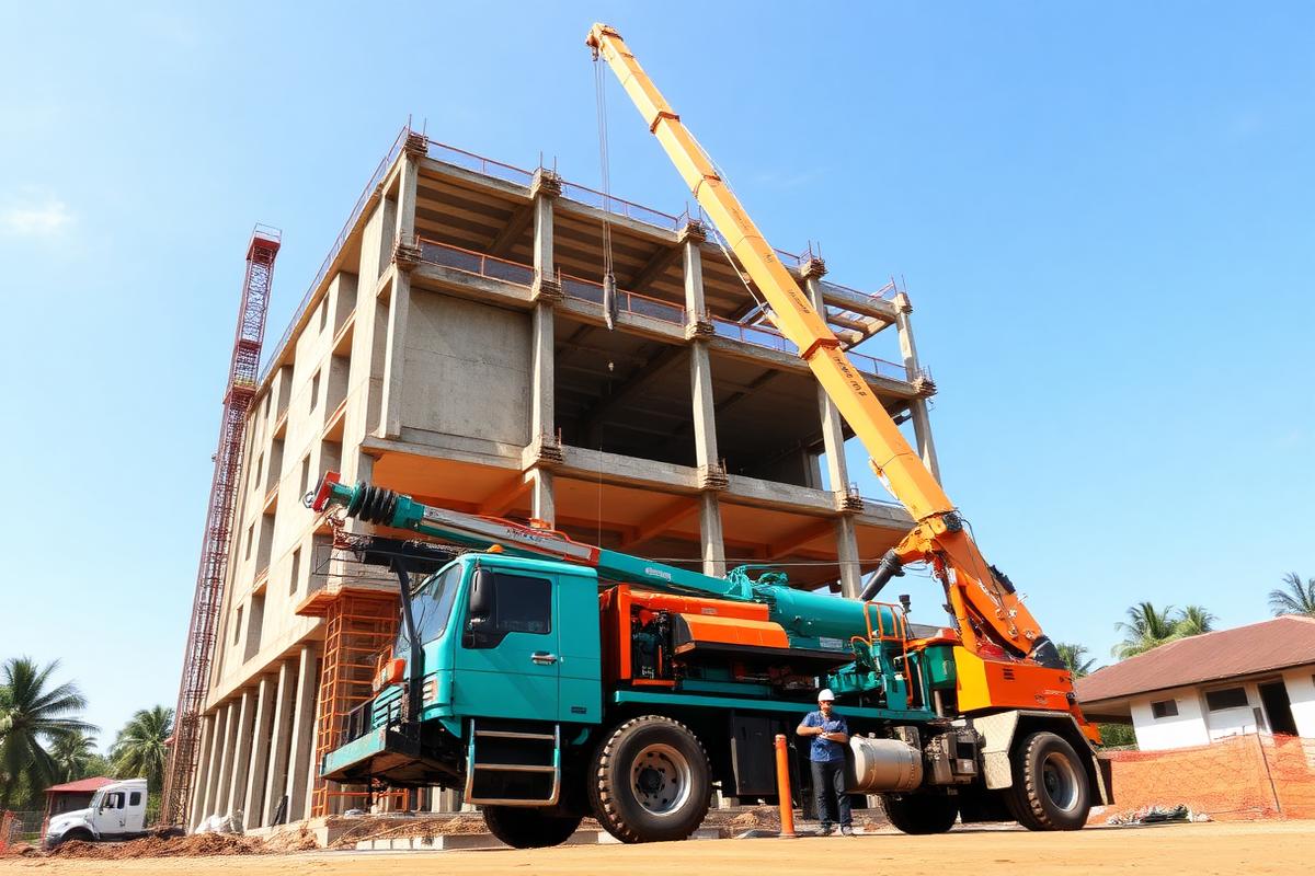 Unit sewa pompa beton boom panjang PT. Bangun Beton Perkasa memompa beton readymix ke lantai atas bangunan di Bangka Belitung